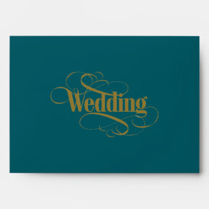Red Teal Orange Peony Blooms Gold Trim Wedding Envelope