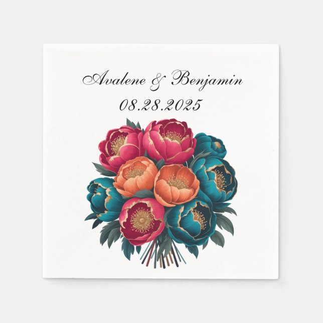 Red Teal Orange Peony Blooms Gold Trim Wedding Napkins (Front)