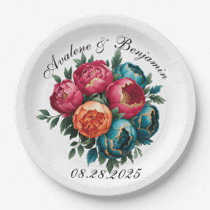 Red Teal Orange Peony Blooms Gold Trim Wedding Paper Plates