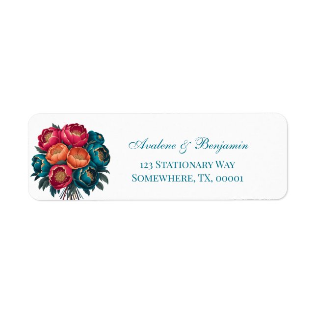 Red Teal Orange Peony Gold Trim Wedding Address Label (Front)