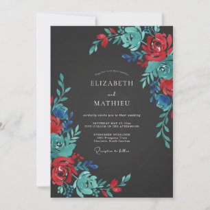 Red Teal Painterly Floral Romance Wedding Invitation