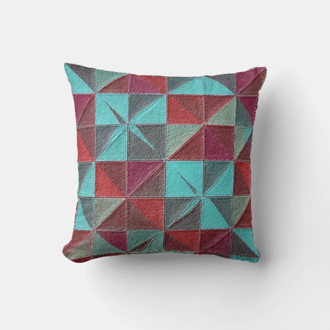 red, teal, purple, and gray quilt throw pillow (Front)