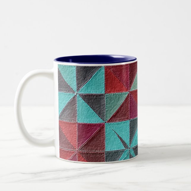 red, teal, purple, and gray quilt Two-Tone coffee mug (Left)
