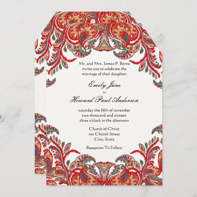 Red & Teal Vintage Paisley Peacock Damask Wedding Invitation (Front/Back)