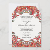 Red & Teal Vintage Paisley Peacock Damask Wedding Invitation (Front)
