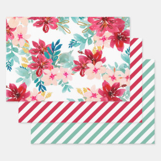 Red Teal Watercolor Floral Greenery Stripe Wrapping Paper Sheets