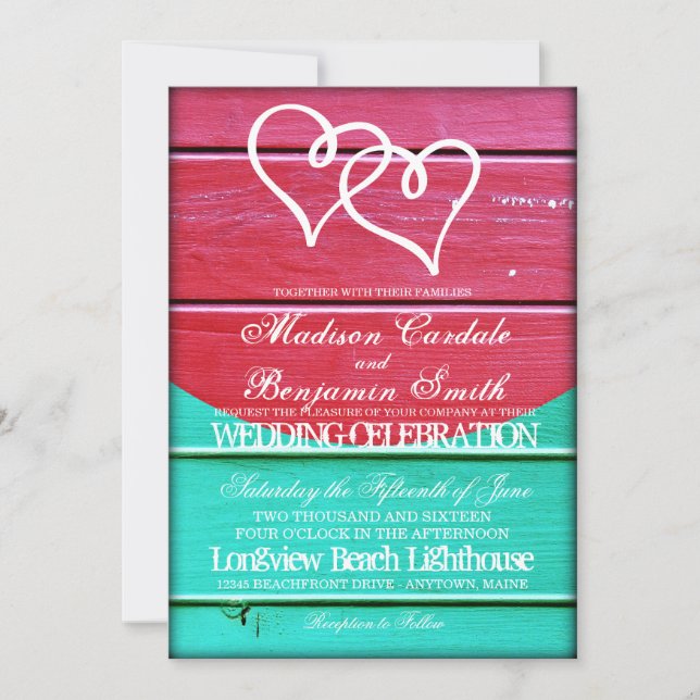 Red Teal Wood Boards Double Hearts Wedding Invites (Front)