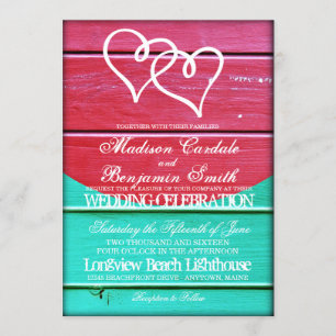Red Teal Wood Boards Double Hearts Wedding Invites