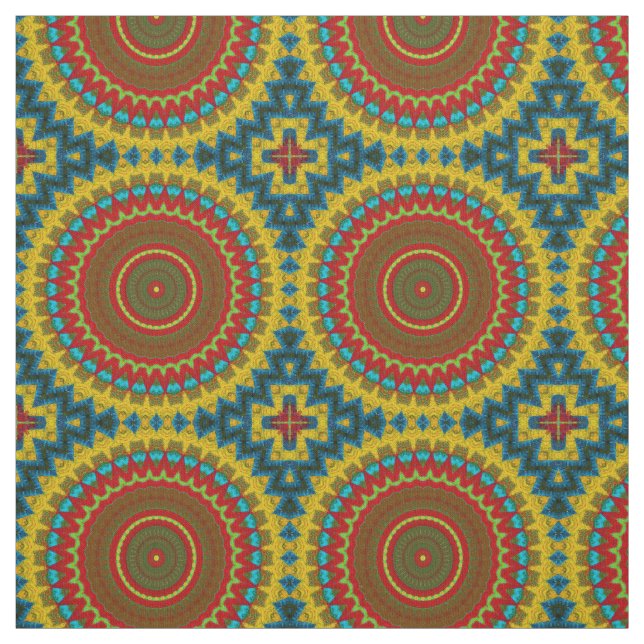Red Teal Yellow Modern Ethnic Textile Tribal Print Fabric (Swatch)