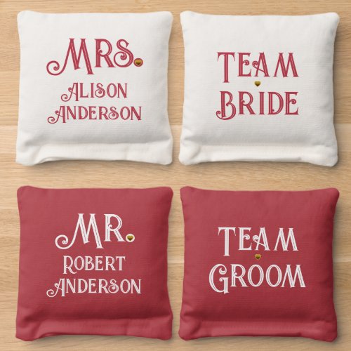 Red team bride team groom Mr Mrs wedding Cornhole Bags