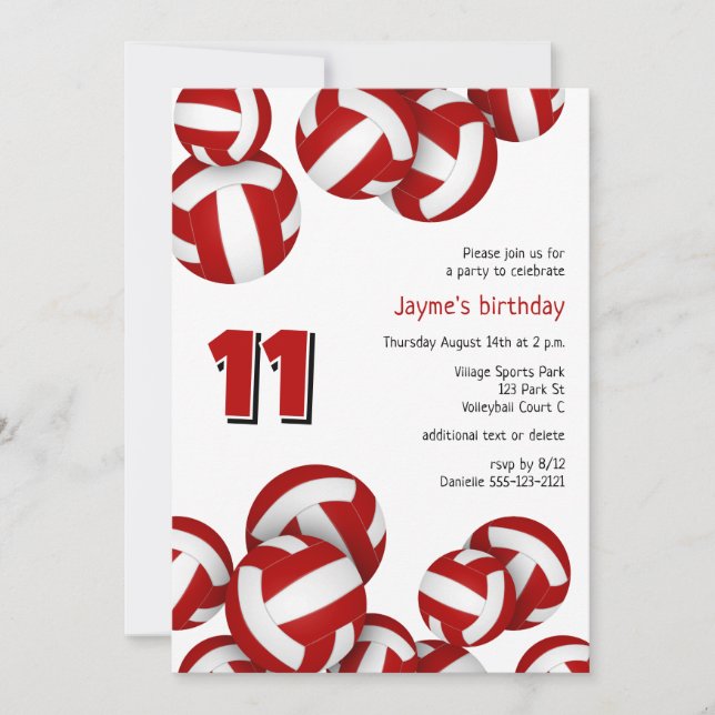 red team colors volleyballs kids birthday invitation (Front)