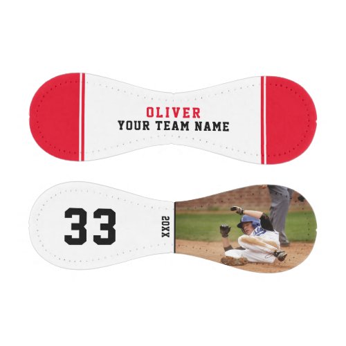 Red Team Name Player Number Name Photo Baseball - Custom Red Team Name Player Number Name Photo Baseball. The text is trendy black and red on a white background with red stripe. You can change any text on the baseball or erase it. A perfect gift for a baseball player, teammates, coach, your friends and family. Personalize it with your photo, name, team name and the year. Great keepsake to remember your favorite sport.