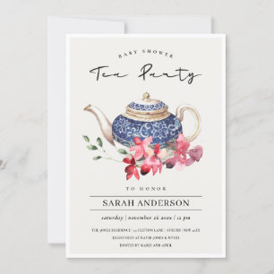 Red Teapot Floral Baby Shower Tea Party Invite