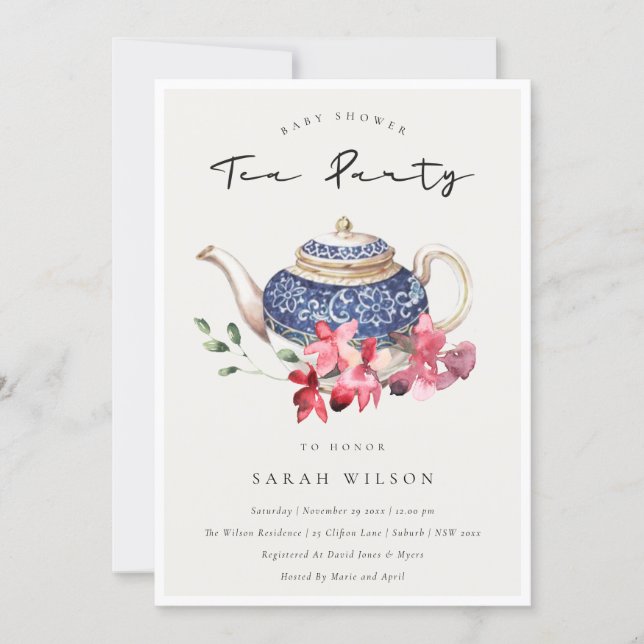  Red Teapot Floral Baby Shower Tea Party Invite (Front)