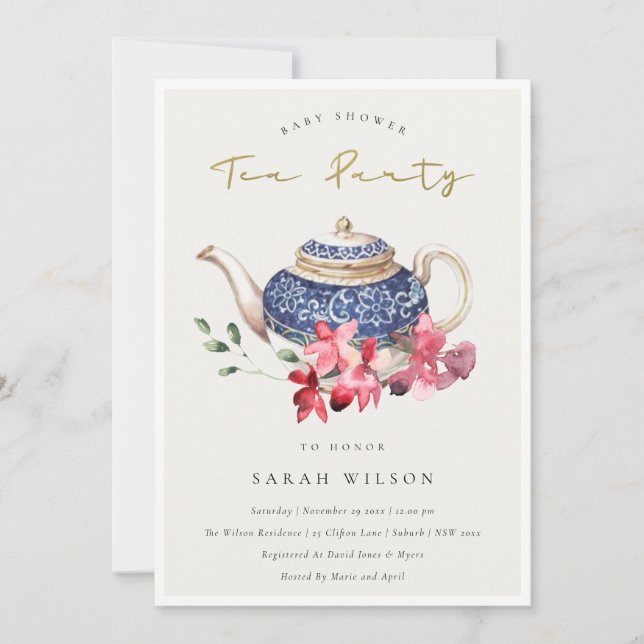  Red Teapot Floral Baby Shower Tea Party Invite (Front)