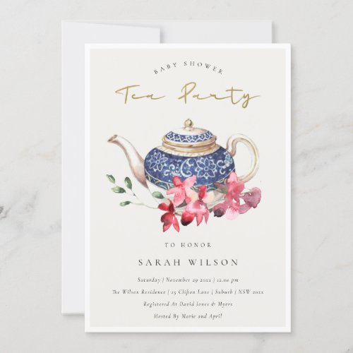  Red Teapot Floral Baby Shower Tea Party Invite