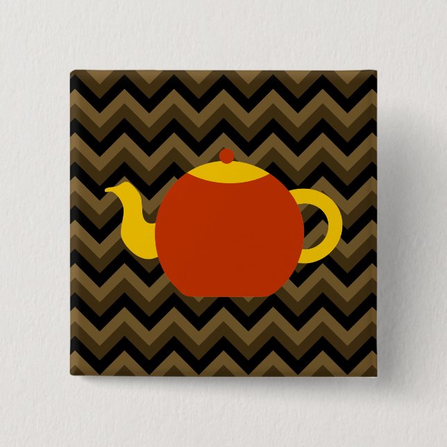 Red Teapot on Brown Zigzags. Button (Front)