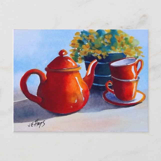 Red Teapot & Teacups Postcard (Front)