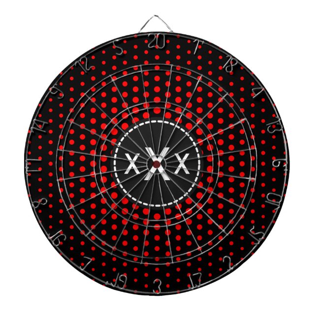 Red Techno Dots Modern Monogram Dartboard With Darts (Front)