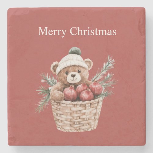 Red Teddy Bear Basket Pomegranates Christmas Stone Coaster