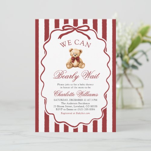 Red Teddy Bear We Can Bearly Wait Baby Shower Invitation