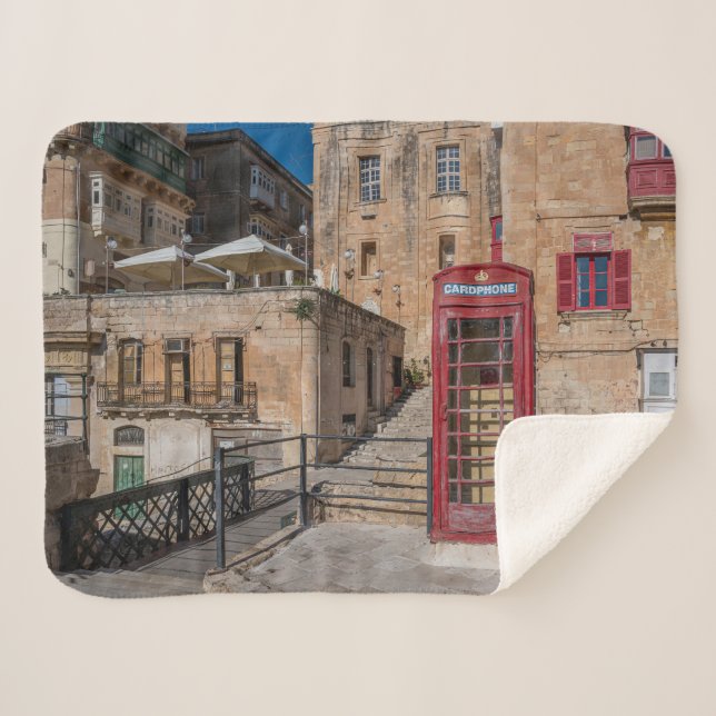 Red telephone booth in Valletta Malta Sherpa Blanket (Front (Horizontal))