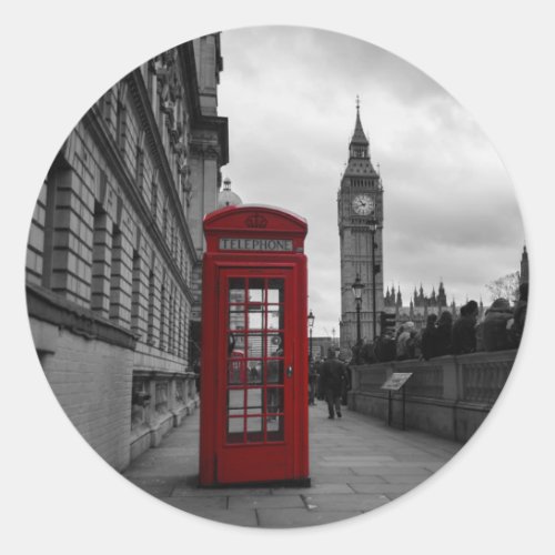 Red telephone box in London round sticker