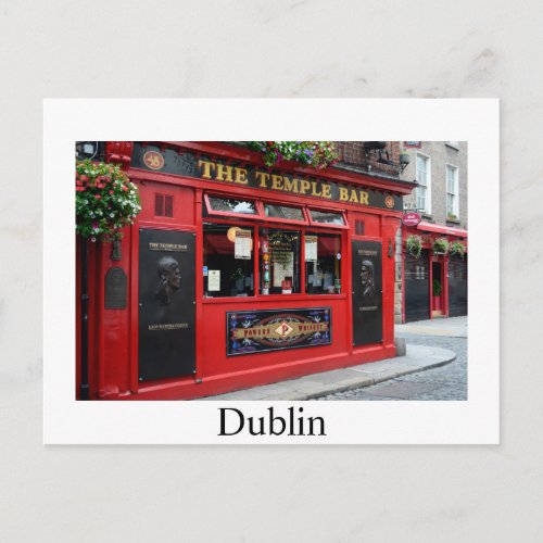 Red Temple Bar pub in Dublin postcard with text