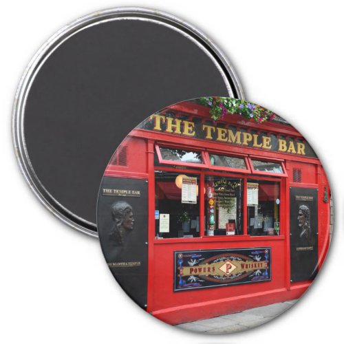 Red Temple Bar pub in Dublin round magnet