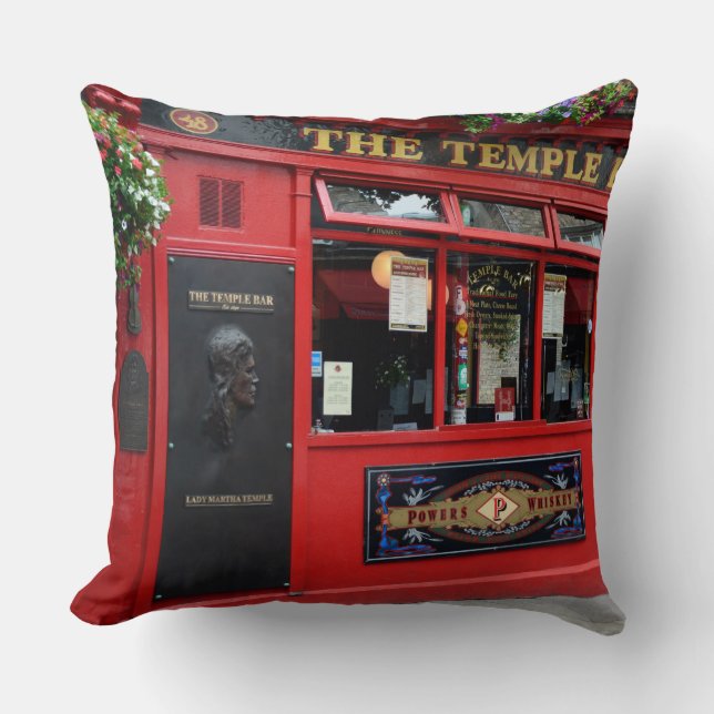 Red Temple Bar pub in Dublin square pillow (Front)