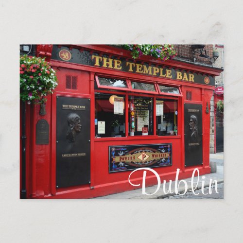 Red Temple Bar pub in Dublin text postcard