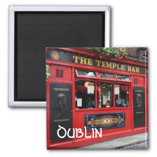 Red Temple Bar pub square magnet with text Dublin