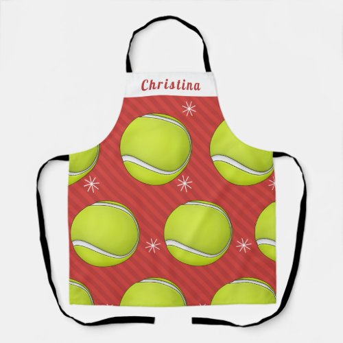 Red Tennis Christmas Balls  Snowflakes Kids Name  Apron