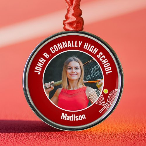 Red Tennis Player Photo High School Christmas Metal Ornament