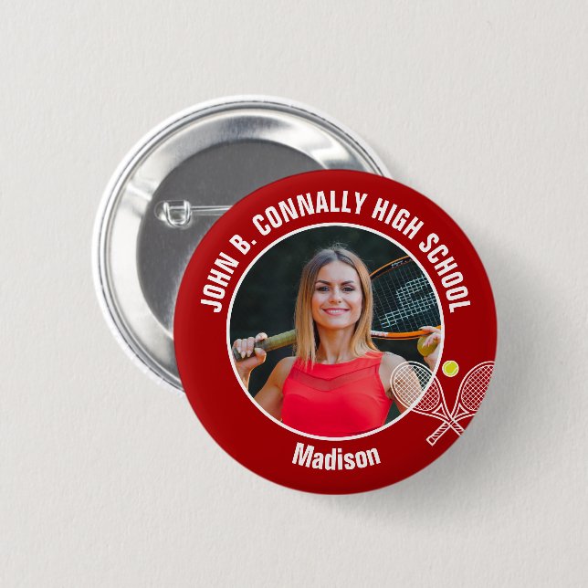 Red Tennis Player Photo High School Spirit Button (Front & Back)