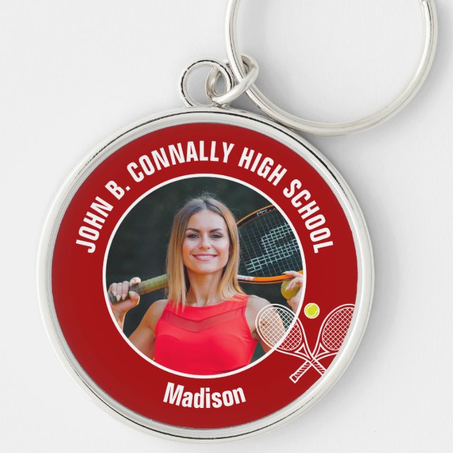 Red Tennis Player Photo High School Spirit Keychain (Front)