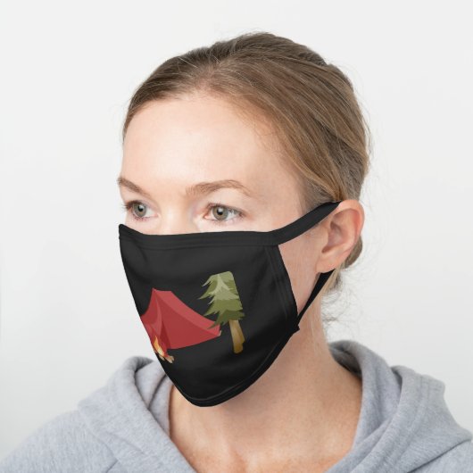 Red Tent and Campfire Woodland Camping Black Cotton Face Mask (Angled)