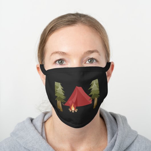 Red Tent and Campfire Woodland Camping Black Cotton Face Mask (Worn)