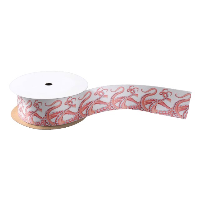 Red Tentacles Octopus Watercolor Satin Ribbon (Spool)