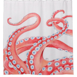 Red Tentacles Octopus Watercolor Shower Curtain