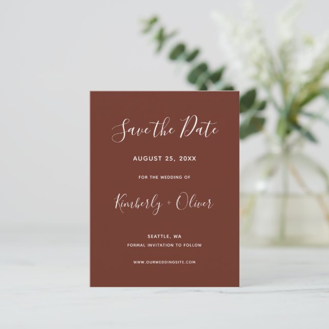 Red Terracotta Rustic Burnt Clay Save The Date Announcement Postcard (Standing Front)