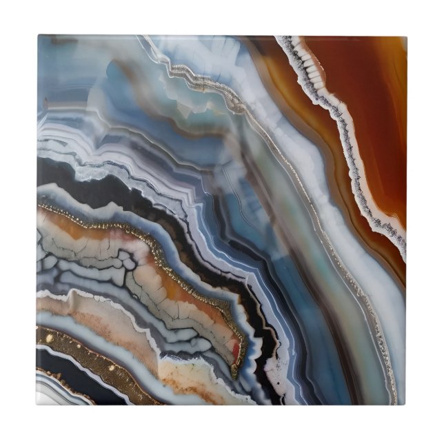 Red Terracotta White Black Blue Gold Agate Geode Ceramic Tile (Front)