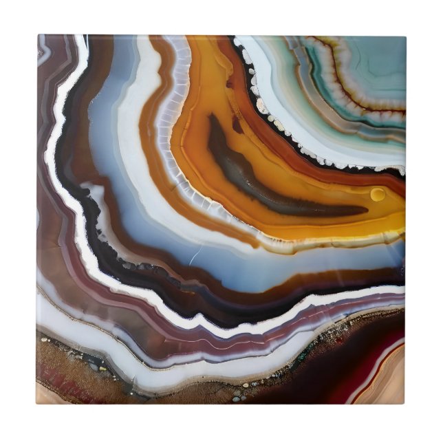 Red Terracotta White Black Blue Gold Agate Geode Ceramic Tile (Front)