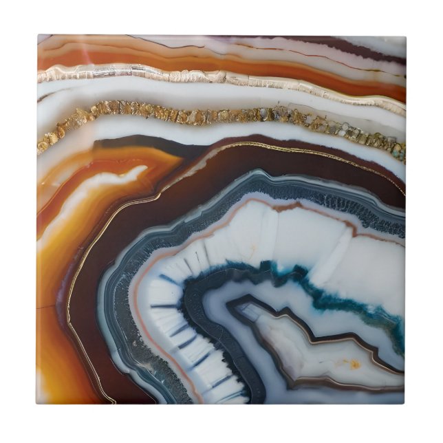 Red Terracotta White Black Blue Gold Agate Geode Ceramic Tile (Front)