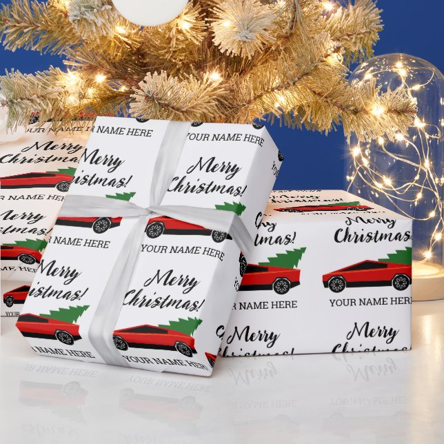 Red Tesla pickup truck with Christmas tree Wrapping Paper (Holidays)