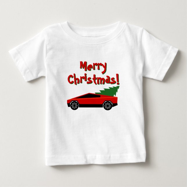 Red Tesla truck hauling a Christmas tree cute Baby T-Shirt (Front)