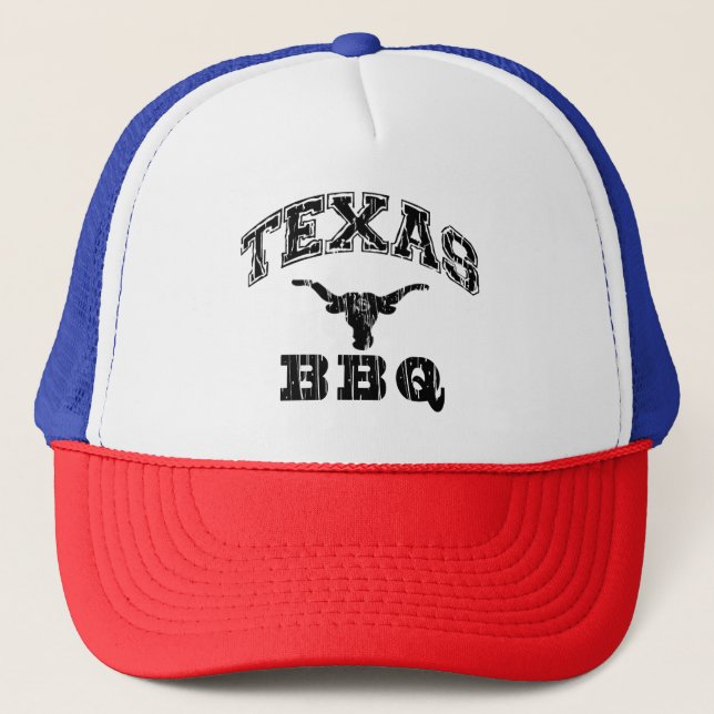 Red Texas Custom Distressed Austin BBQ Business Trucker Hat (Front)
