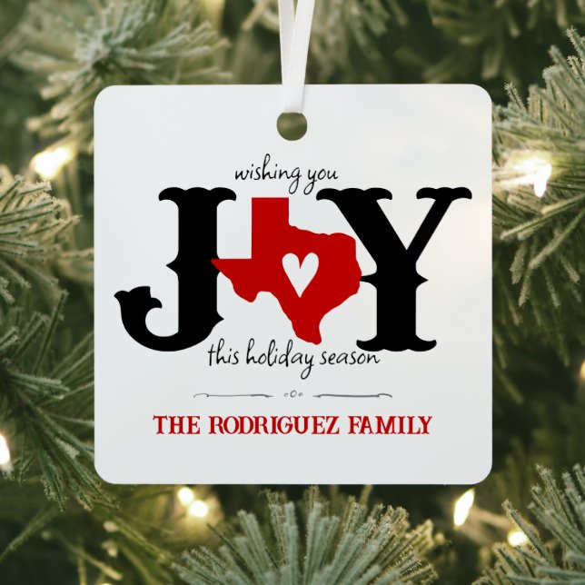 Red Texas JOY Photo Holiday Metal Ornament (Insitu)