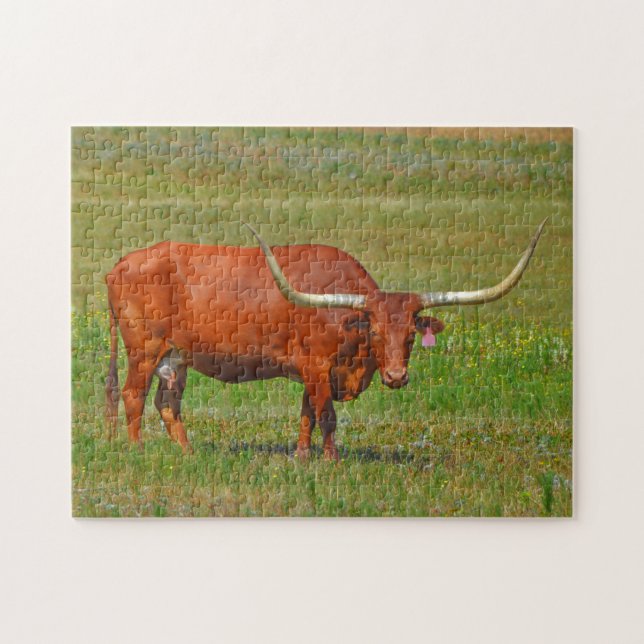 Red Texas Longhorn Cow in Pasture Puzzle (Horizontal)