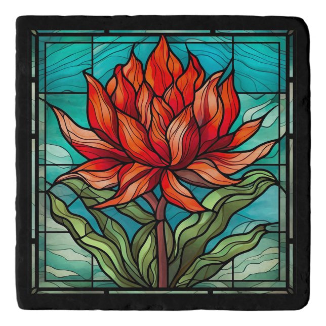 Red Texas Wildflower in Stained Glass Trivet (Front)
